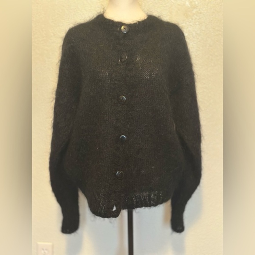 Mohair Cardigan Black Oversized Puffy Handmade